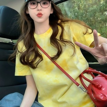 夏日女裝 彩色晕染渐变短袖t恤 韩版圆领小可愛扎染女夏季爆款新款设计感印花宽松美式潮牌黄色上衣