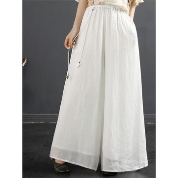 千秋飛燕苧麻國風闊腿褲女25年夏季新款寬松松緊腰顯瘦雙層九分褲