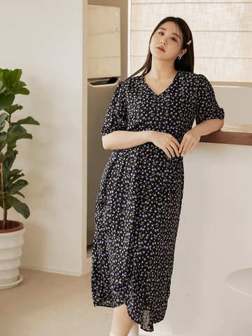 V領收腰綁帶不對稱荷葉襬長洋裝