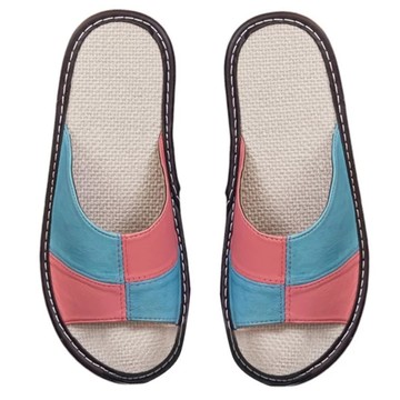 LIKEHOUSE真皮羊皮撞色拼接亞麻防滑室內拖鞋 LS29 舒適透氣  27cm  粉藍色  1雙
