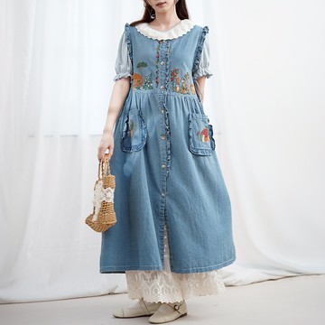 方領木耳花邊牛仔背心裙洋裝685124