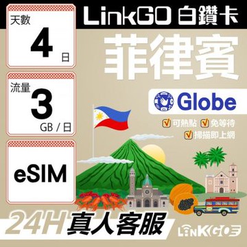LINKGO白鑽卡 菲律賓 eSIM卡 Globe電信 4天上網卡 每日3GB 高速流量(菲律賓網卡 宿霧 巴拉望 馬尼拉)