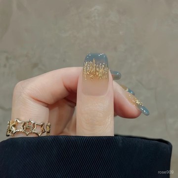 💅限時下殺穿戴甲💅【4647人收藏】藍色暈染金綫條夏季顯白新款方形穿戴甲顯白款溫柔淑女風短甲手工穿戴甲 HQ4P