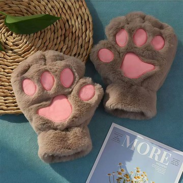 可愛貓爪手套女冬加絨加厚保暖騎行卡通翻蓋韓版毛茸茸毛絨半露指
