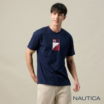 Nautica 官方旗艦 男裝 經典帆船拼接LOGO印花純棉短袖T恤-深藍色
