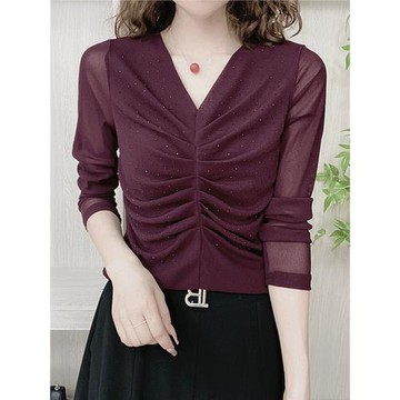 春秋彈力雙層網紗壓褶燙鉆V領時尚洋氣百搭氣質打底衫中年媽媽女