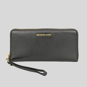 【Michael Kors】JET SET TRAVEL 金標LOGO防刮皮革拉鍊手拿可拆大長夾-黑