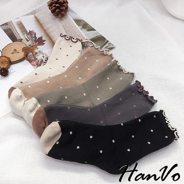 【HanVo】日系點點捲邊保暖中筒襪 韓系簡約百搭舒適棉質襪 加厚保暖 韓國潮流時尚休閒襪 女生配件 A12-6167