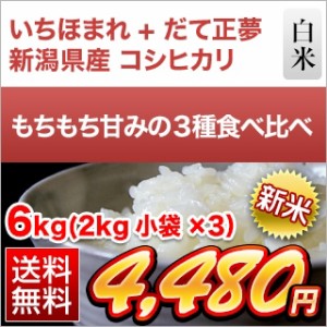 新米 令和5年(2023年)産 もちもち甘みの3種食べ比べ 新潟産 コシヒカリ＋ 福井産 いちほまれ ＋ 宮城産 だて正夢 白米6kg（2kg×3袋）【