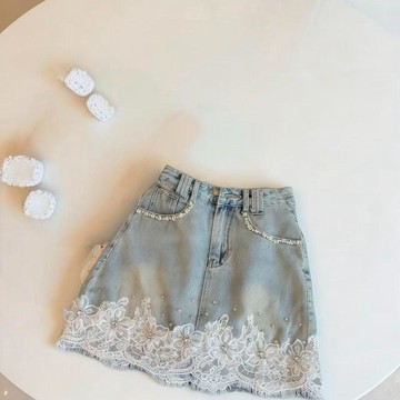🍉2026年夏季新款鑲鑽復古牛仔裙短裙女裝高腰顯瘦蕾絲設計