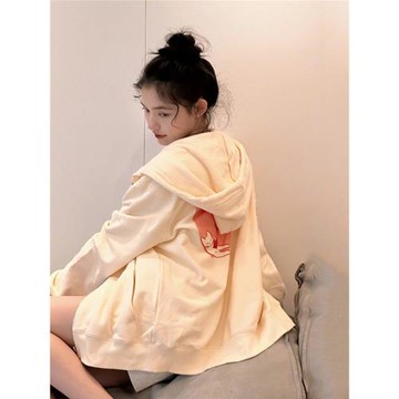 明星同款多巴胺奶油杏寬松潮上衣ins小眾個性印花連帽拉鏈外套女