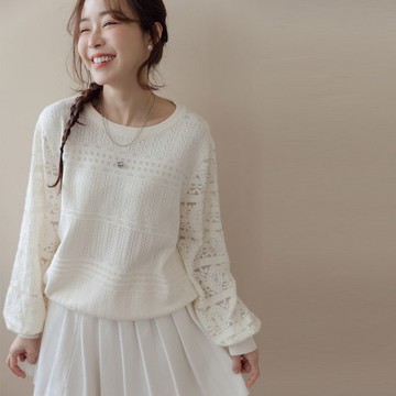 現貨★圓領仿水貂毛蕾絲袖勾織上衣(共2色)1223 【NR2697】