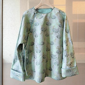【巴黎精品】罩衫防曬外套-斜襟繫帶提花緞面女外套a1gq97