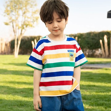 人氣卡通 - 卡通汪汪隊條紋短袖上衣-卡通人物阿奇-彩虹