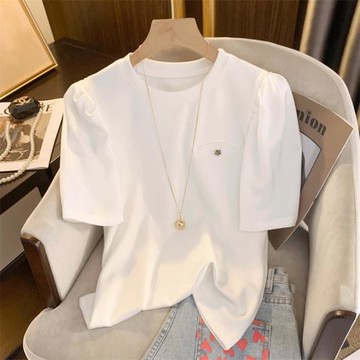 歐貨簡約基礎純色胸針設計T恤女時尚氣質純棉泡泡袖上衣夏季新款