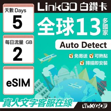 LINKGO白鑽卡 全球13國 eSIM卡 5天上網卡 每日2GB(全球網卡 亞太區 紐西蘭 澳洲 通行無限)