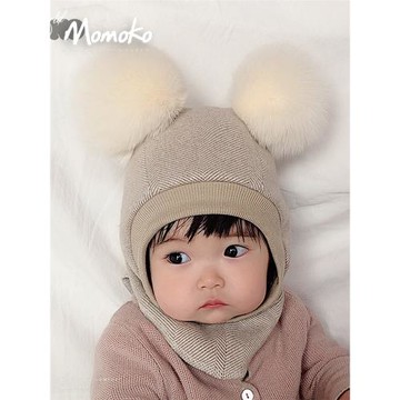 狐貍毛嬰兒帽子秋冬可愛護臉兒童女寶寶套頭帽保暖男童新生護耳帽
