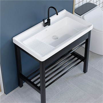 ??陶瓷洗衣盆帶搓衣板一體式臺盆洗手盆落地式不繡鋼支架陽臺洗衣池