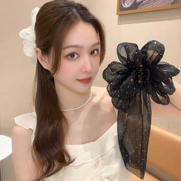 台灣現貨【梅子醬】夏天飄帶抓夾 網紗蝴蝶結抓夾 滿天星飄帶抓夾 女超仙氣質後腦勺半扎髮頭飾 夏天鯊魚夾髮飾88-0174