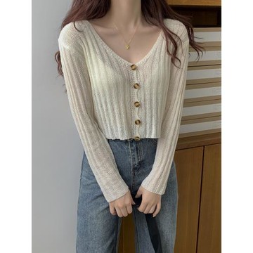 防曬空調衫冰絲針織衫女春秋短款坑條V領小開衫外套外搭洋氣上衣