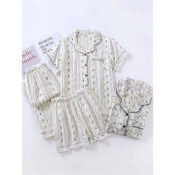 棉紗三件套裝睡衣女春夏雙層純棉紗布薄款短袖長褲短褲全棉家居服