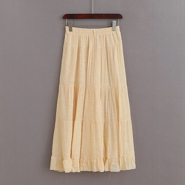 松緊腰拼接木耳邊A字中長款半身裙夏季新款寬松休閑女薄裙子E/1-2