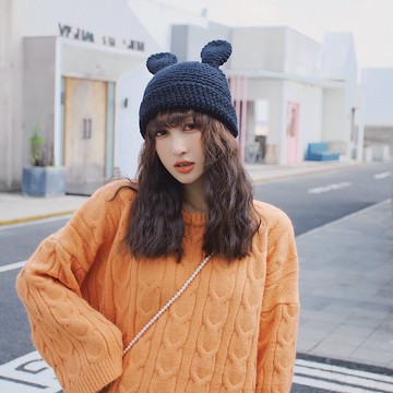 黑色軟萌可愛粗毛線兔耳朵毛線帽女冬季日系韓版百搭潮帽子秋冬厚1入