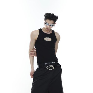 CulturE原創小眾金屬鏤空設計背心立體坑紋無袖T恤朋克夏季打底衫