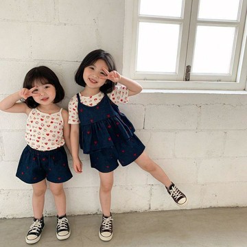 mori🎀mori女童愛心印花牛仔套裝夏季女寶寶清新吊帶短褲韓系兩件套