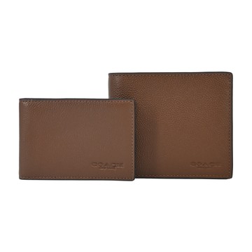 【COACH】素面皮革男款8卡短夾(附證件夾/棕色)