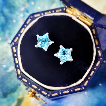 小星星瑞士藍托帕石電鍍18K白金純銀耳環