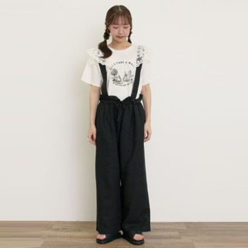 【Samansa Mos2】素面/格紋荷葉邊抽繩綁帶吊帶長褲