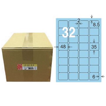 【龍德】LONGDER 三用電腦標籤 A4 32格 35*48mm淺藍1000張/箱 LD-863-B-B(適用雷射、噴墨、影印)