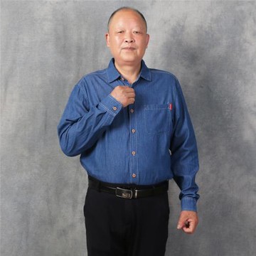 中老年人加肥加大碼襯衣春秋男裝胖子爸爸牛仔長袖襯衫大號上衣8X
