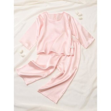 兒童真絲睡衣寶寶長袖上衣桑蠶絲家居服套裝女童秋衣男童絲綢衣服