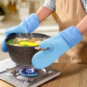 Homely Zakka 高顏值加厚耐高溫防水矽膠隔熱防燙手套_2雙 - 莫蘭迪橘-莫蘭迪藍