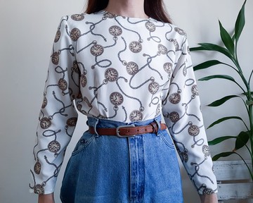 復古 1980 年代時鐘珠寶巴洛克印花襯衫 後背紐帶襯衫 尺寸 S