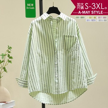 加大碼上衣 日韓設計條紋寬鬆長袖襯衫(S-3XL)【XCB20530】＊艾美時尚(現+預)