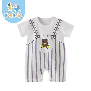JOYBABY 春夏童裝 短袖包屁衣 卡通肩扣薄款連身衣 灰背帶熊