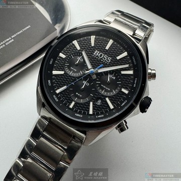 [星晴錶業]BOSS手錶,46mm,HB1513857黑色錶面銀錶殼銀色精鋼錶帶款