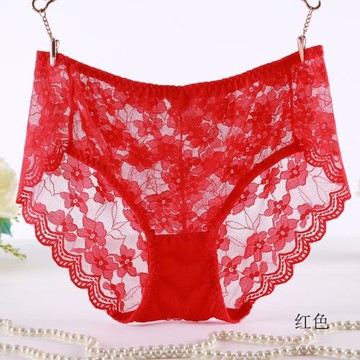 大紅色本命年中腰大碼內褲女胖mm200斤透明蕾絲性感內褲