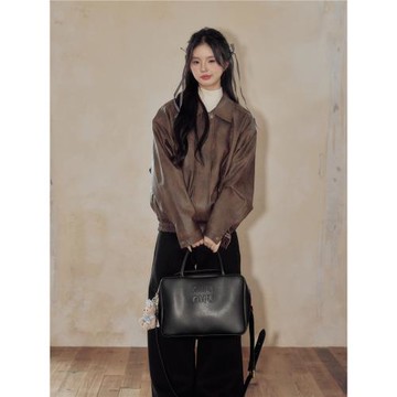 LENNEA原創設計美式甜酷復古夾克上衣重工做舊寬松皮衣外套女