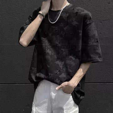 氣質 潮牌 ins 原宿 百搭 短T男 時尚 破洞 蝴蝶 印花 短袖t恤 男款 夏季美式  五分袖男 男t（XF280）