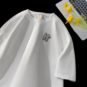 華夫格男t恤夏季情侶短袖設計感小眾上衣ins潮流寬松運動半袖體恤