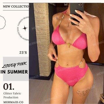 美人魚💙現貨┇熱辣玫紅金蔥高腰比基尼 珍珠 泳衣 泳裝 性感 歐美 芭比粉 芭比色 桃紅