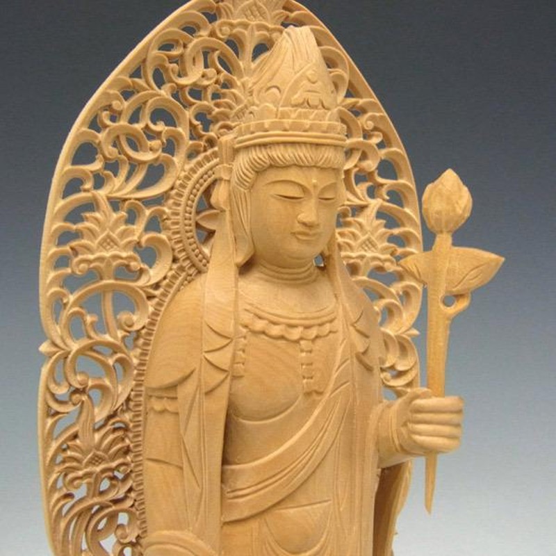 修縁堂】木彫り 仏像 観音菩薩立像 彫刻 一刀彫 天然木檜材 仏教工芸