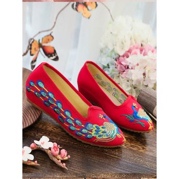 新款尖頭女單鞋 老北京繡花布鞋婚鞋 內增高淺口帆布休閑套腳女鞋