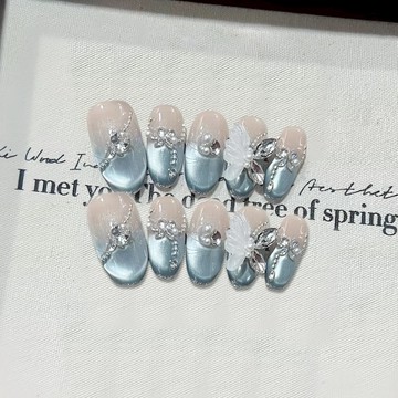 【蓝色貓眼】手工穿戴甲 輕奢氣質手工美甲杏仁甲 光療指甲貼片 穿戴甲長款 杏仁穿戴甲橢圓甲 日常溫柔顯白美甲貼片