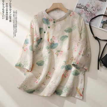 國風復古斜襟立領棉麻中袖襯衫女夏季寬松顯瘦亞麻印花小衫上衣薄
