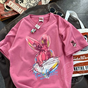🚀台灣出貨+虧本衝評🚀日本🇯🇵 2026春季新款韓版卡通大兔子繪畫休閑半袖圓領套頭純棉短袖T恤女